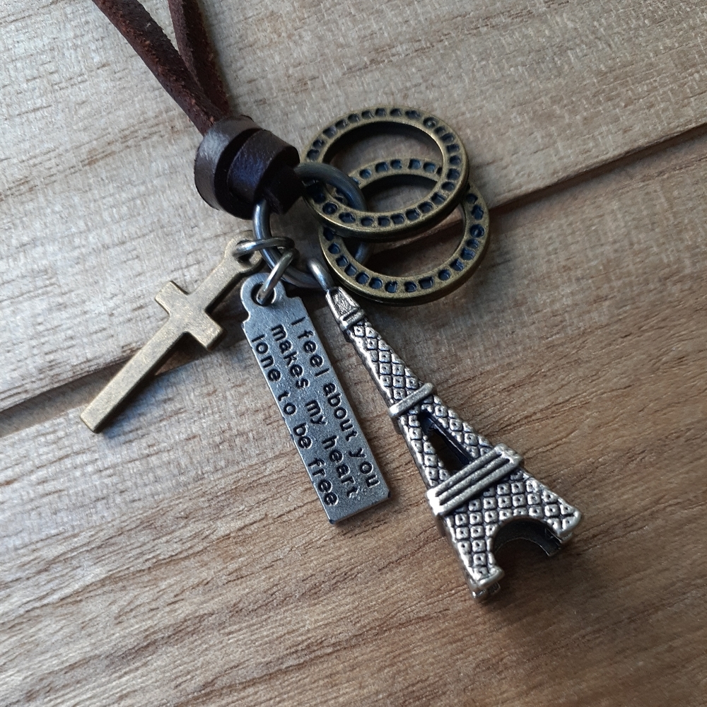 Eiffel Tower and Leather Necklace Adjustable Men Women